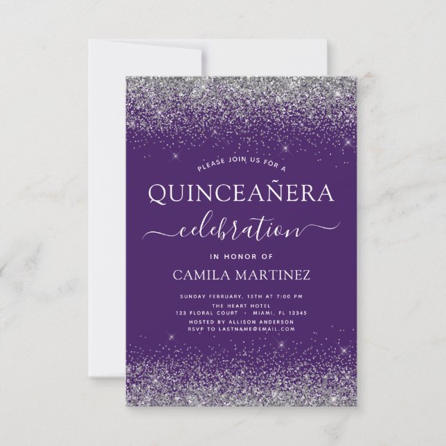 Convite Quinceanera Purple Silver Modern Glitter (Frente)