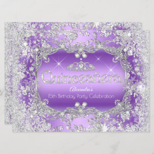 Convite Quinceanera Purple Silver Tiara Winter Wonderland