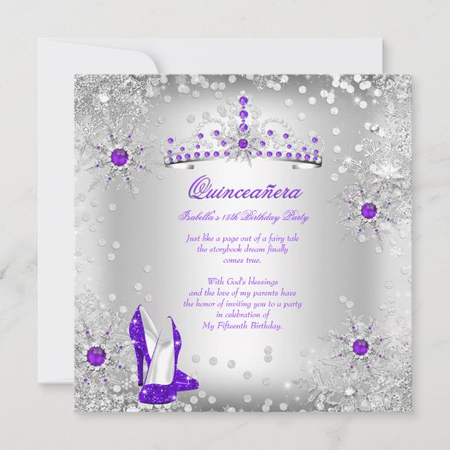 Convite Quinceanera Purple Silver Winter Wonderland (Frente)