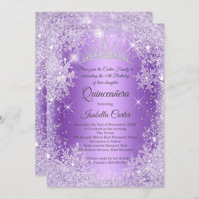 Convite Quinceanera Purple Snowflake Winter Wonderland (Frente/Verso)