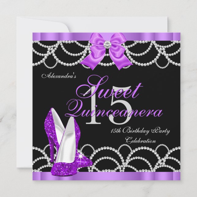 Convite Quinceanera Purple Sweet 15 Party Glitter Black (Frente)