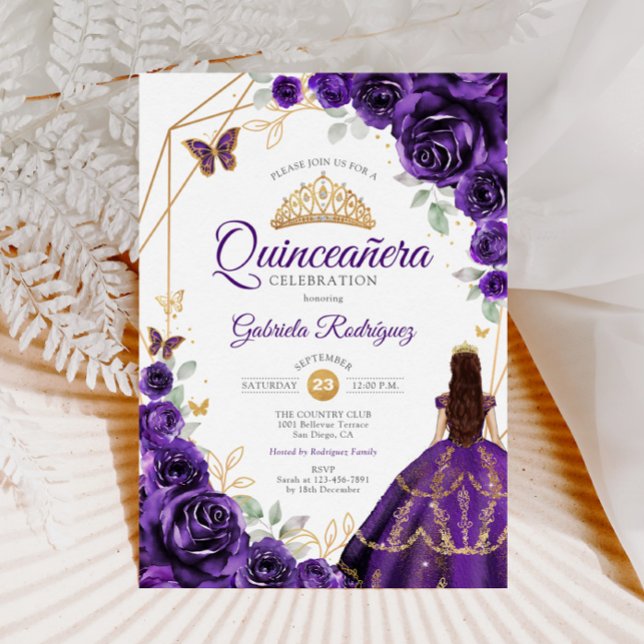 Convite Quinceanera Purple Vestido Floral Dourado (Criador carregado)