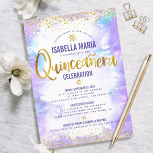Convite Quinceañera Purple Watercolor Gold Foil Elegante