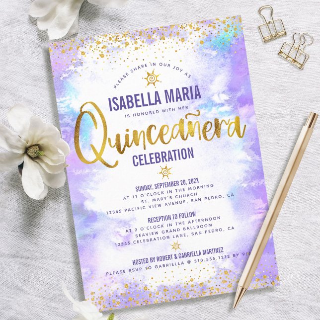 Convite Quinceañera Purple Watercolor Gold Foil Elegante (Criador carregado)