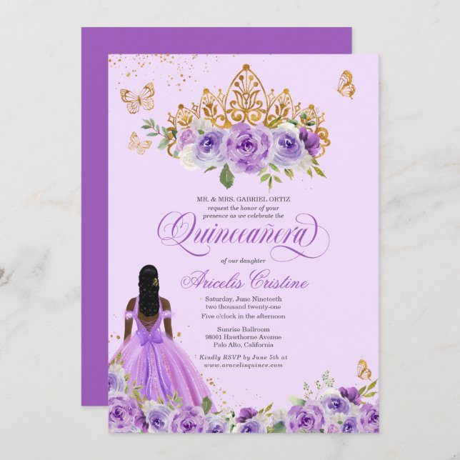 Convite Quinceañera Purple Watercolor Rosa Butterfly (Frente/Verso)