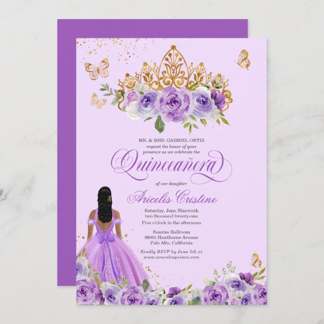 Convite Quinceañera Purple Watercolor Rosa Butterfly Invi (Frente/Verso)