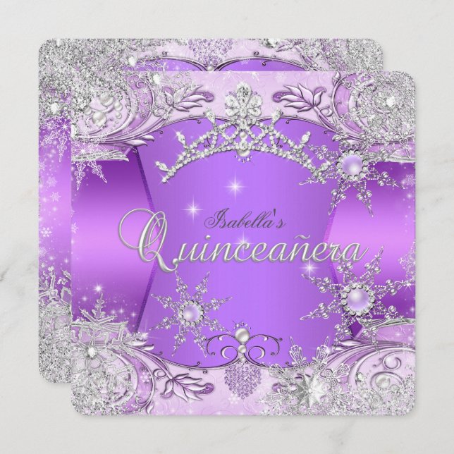 Convite Quinceanera Purple Winter Wonderland Flocos de nev (Frente/Verso)