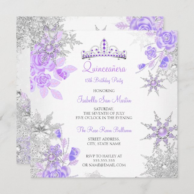 Convite Quinceanera Purple Winter Wonderland Snowflake (Frente/Verso)