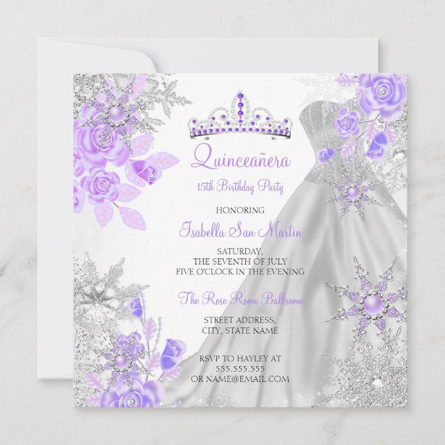 Convite Quinceanera Purple Winter Wonderland Snowflake 2 (Frente)