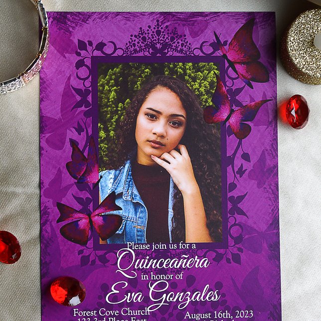 Convite Quinceanera Púrpura, Borboleta Rosa (Purple and red mis quince butterfly invitations for elegant purple quinceanera)