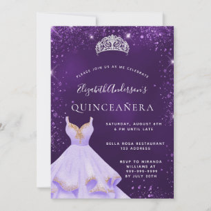 Convite Quinceanera púrpura de pó de tiara