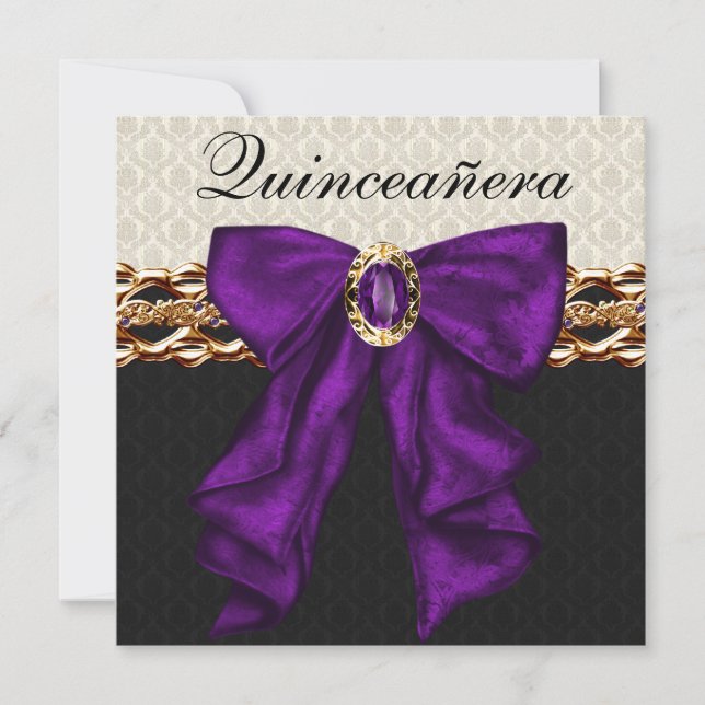 Convite Quinceanera Púrpura Dourada Damasco Negro (Frente)