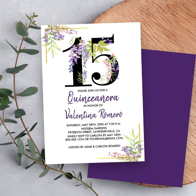 Convite Quinceanera Púrpura Floral Número 15 Aniversário (Floral Number 15, 15th birthday invitation from my Purple Wisteria Quinceanera Collection
)