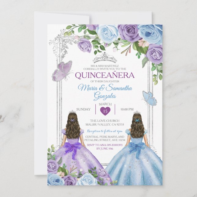 Convite Quinceañera, Púrpura Gêmea E Borboleta Azul (Frente)
