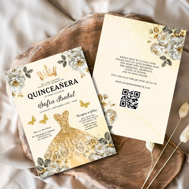 Convite Quinceanera QR Code Floral Dourada Princess (Criador carregado)