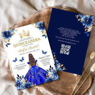 Convite Quinceanera QR Code Royal Blue Butterfly Princess