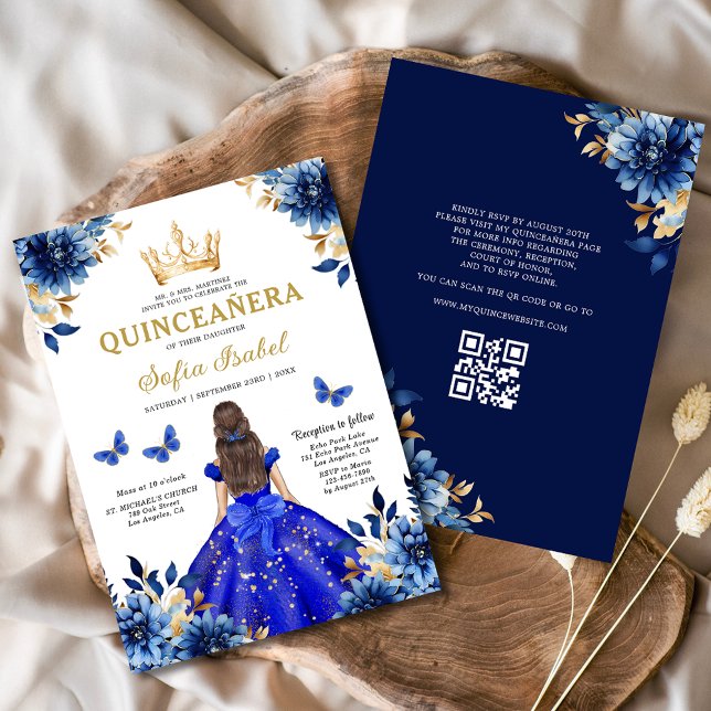 Convite Quinceanera QR Code Royal Blue Butterfly Princess (Criador carregado)