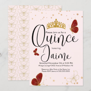 Convite Quinceanera Quince Aquarela Borboletas Rosa Vermel