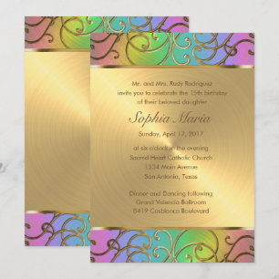 Convite Quinceanera Rainbow e Filigree Swirls Dourados