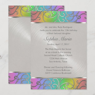 Convite Quinceanera Rainbow e Silver Filigree Swirls