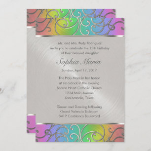 Convite Quinceanera Rainbow e Silver Filigree Swirls