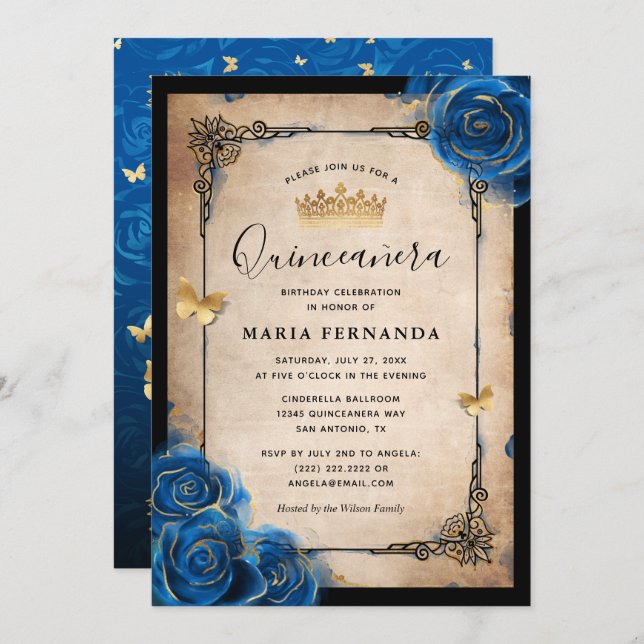 Convite Quinceanera Real Azul Dourado Aquarela Elegante (Frente/Verso)