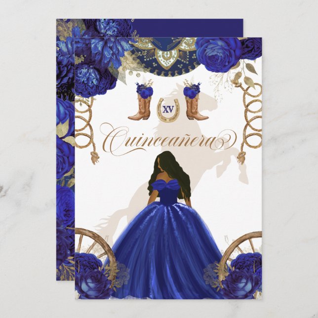 Convite Quinceanera Real Azul Dourado Ocidental Charro 2 L (Frente/Verso)