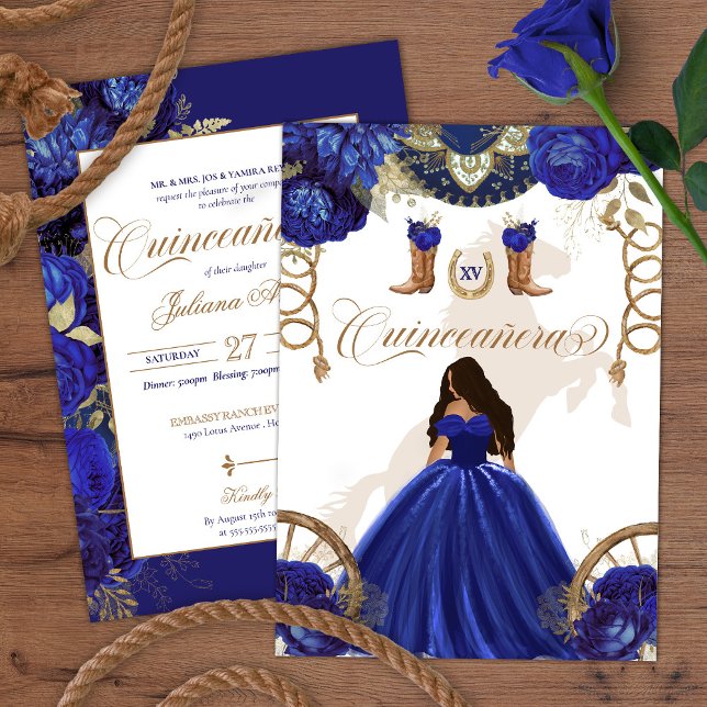 Convite Quinceanera Real Azul Dourado Ocidental Charro 2 L (Criador carregado)