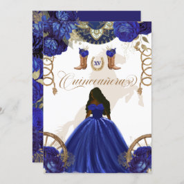 Convite Quinceanera Real Azul Dourado Ocidental Charro 2 L