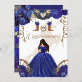 Convite Quinceanera Real Azul Dourado Ocidental Charro 2 L