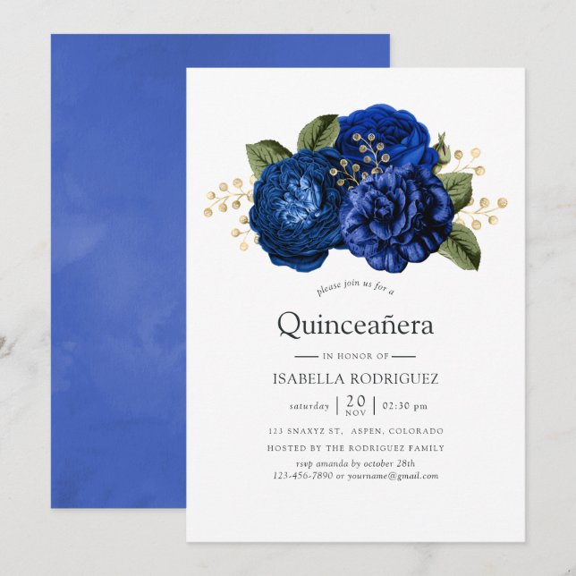 Convite Quinceañera Real Azul e Dourada Floral (Frente/Verso)