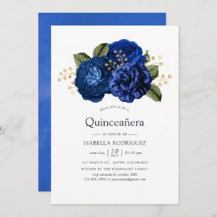 Convite Quinceañera Real Azul e Dourada Floral