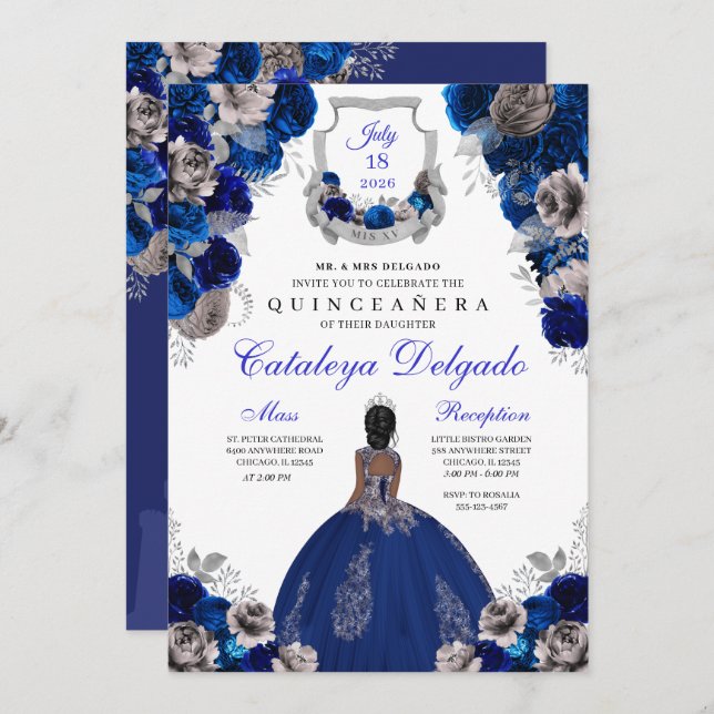 Convite Quinceañera Real Azul e Silver Floral Elegante (Frente/Verso)