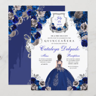 Convite Quinceañera Real Azul e Silver Floral Elegante
