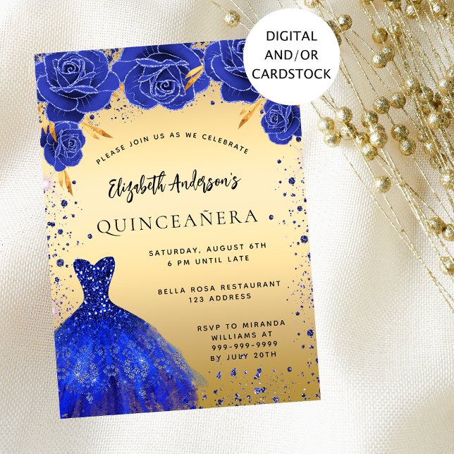 Convite Quinceanera real de ouro azul esfolado florais (Criador carregado)