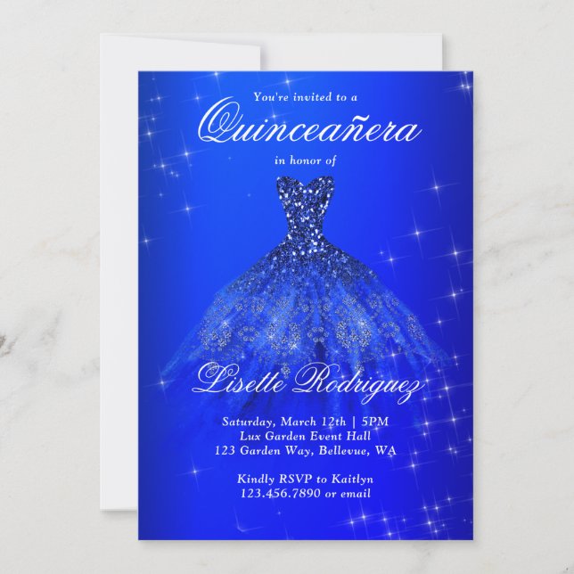 Convite Quinceanera Real de Vestido Azul Elegante (Frente)
