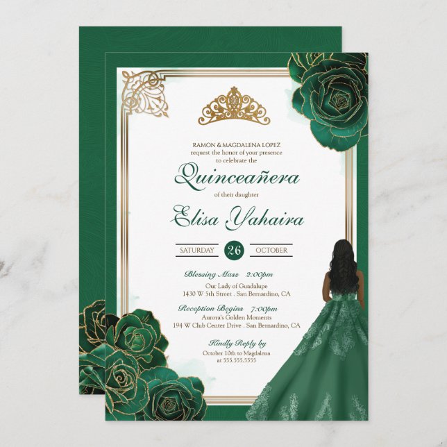 Convite Quinceanera Real Elegante dos Rosas Brancos Verdes (Frente/Verso)