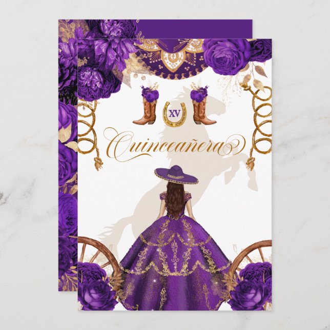 Convite Quinceanera Real Purple Western Charro 2 Sided (Frente/Verso)