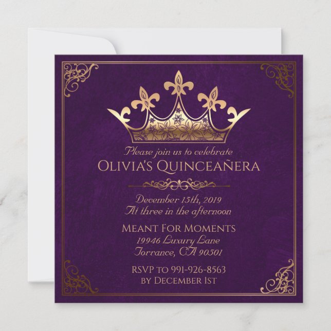 Convite Quinceanera real roxo e Dourado (Frente)