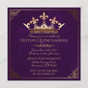 Convite Quinceanera real roxo e Dourado