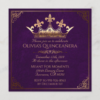 Convite Quinceanera real roxo e Dourado