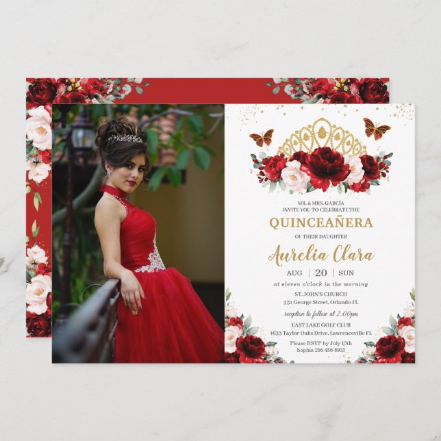 Convite Quinceañera Red Blush Borboletas Florais Coroa (Frente/Verso)