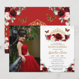Convite Quinceañera Red Blush Borboletas Florais Coroa