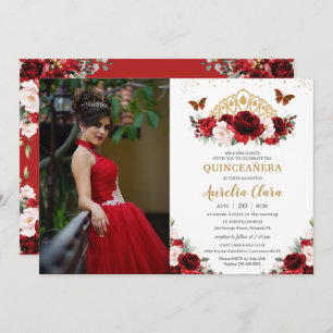 Convite Quinceañera Red Blush Borboletas Florais Coroa