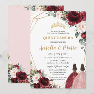 Convite Quinceañera Red Blush Rosa Rosa Dourada Gêmeas F