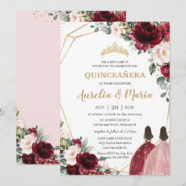 Convite Quinceañera Red Blush Rosa Rosa Dourada Gêmeas Flo