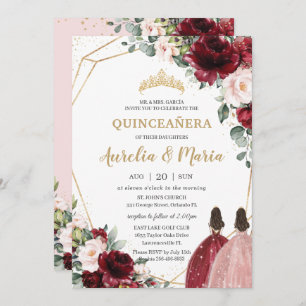 Convite Quinceañera Red Blush Rosa Rosa Dourada Gêmeas Flo