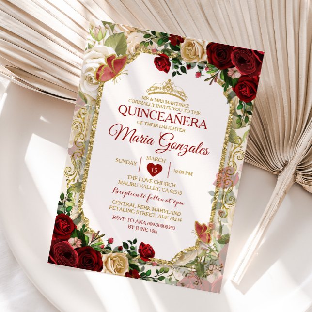 Convite Quinceañera Red & Dourada Coroa Mexicana (Criador carregado)