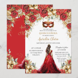 Convite Quinceañera Red Dourada Rosas Floral Mascarada Bal
