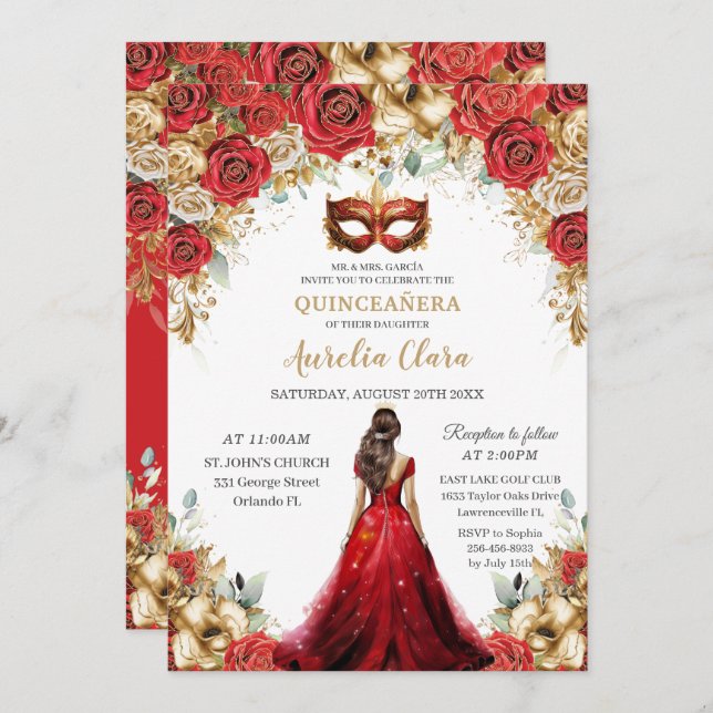 Convite Quinceañera Red Dourada Rosas Floral Mascarada Bal (Frente/Verso)